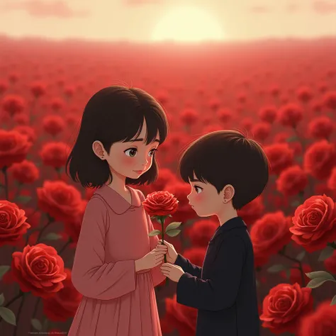  A  girl in a pink dress . Next to a  boy dressed in black .  They stand side by side in a field full of red roses .  The girl is holding a rose in her hands and the boy is frowning