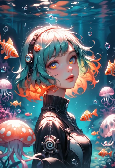 CynthiaPortrait. A surreal anime-style portrait of a young woman with vibrant teal hair, her face and neck intertwined with intricate biomechanical coral-**** structures in vivid pink and orange hues. Her partially exposed mechanical components include glo...