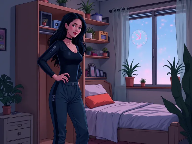 cartoon style, cozy cyberpunk apartment, a 20s Korean woman with long waved black hair, standing next to an open wardrobe, taking off her futuristic black biker suit, revealing a simple black tank top and loose gray sweatpants, faint neon lights from the w...