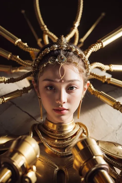 ((super-real photography: 1.5)), (photo realistic: 1.3),
break
female android, ((Bodhisattva)), mechanic Buddha statue,(Buddha image with a Thousand-arms: 1.5), 
break
Archaic smile, (beautiful face: 1.5), well-balanced face, endured face, (gold body: 1.5)...