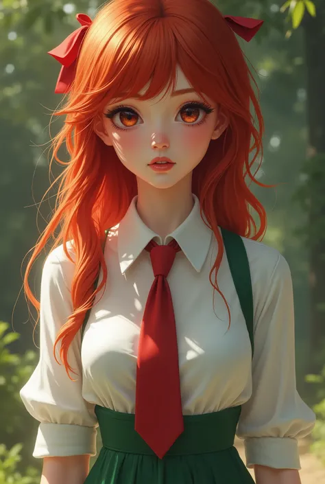 masterpiece, 1girl, white shirt, green skirt, red tie, red hair ribbon, white stockings, beautiful detailed eyes, beautiful detailed lips, extremely detailed face, long eyelashes, photorealistic, 8k, digital painting, realistic, detailed, intricate, cinema...