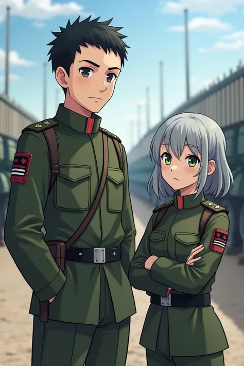 A boy with black hair and a girl with gray hair who joined the military