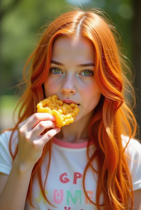 A red haired girl eating a chupachups in the park