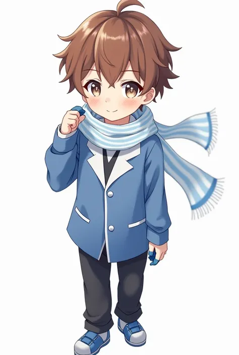 Create a cuter art style male anime image of me with a white background,  Put on brown hair with brown eyes , a blue blouse with white ,  black pants , blue and white gloves ,  blue and white shoe with a blue and white scarf  