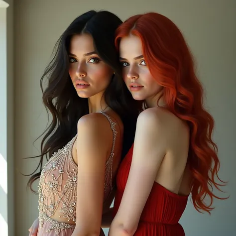 2 girl ((bella hadid in dress)) with redhead girl (((Masterpiece, ultra-detailed, high-fashion editorial))