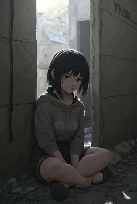 a short, black haired girl, no round glasses, a bite muscular, a little bit chubby sitting against the wall in an alley in the middle of an apocalyptic world