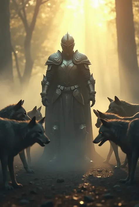 A helmet less muscular knight standing infront of a group of wolfs with a foggy background and sunrays 