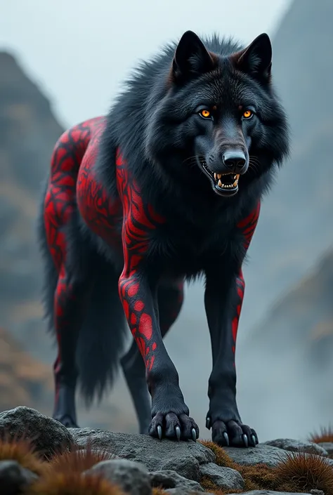 A very cool wolf with black and red paterns