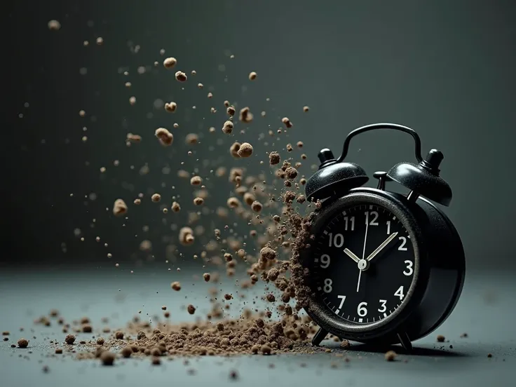 "A retro black alarm clock dissolving into tiny particles, symbolizing the fleeting nature of time and the concept that time cannot return and waits for no one. The alarm clock is small and positioned in the background, with an ethereal and thought-provoki...