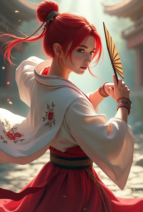 Red-haired low-bun blue-eyed girl in a kimono with a fan in her hand, full-length in a combat pose