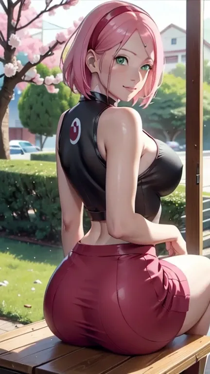 wearing SKIRT, lifting butt, (high detail: 1 1), natural skin, pretty face, Goddess of beauty, SITTING, high quality, back shot, Sakura, showing butt, thick butt, pink hair, short detailed hair, green eyes (smile: 1.2), sexy figure, perfect body, real phot...