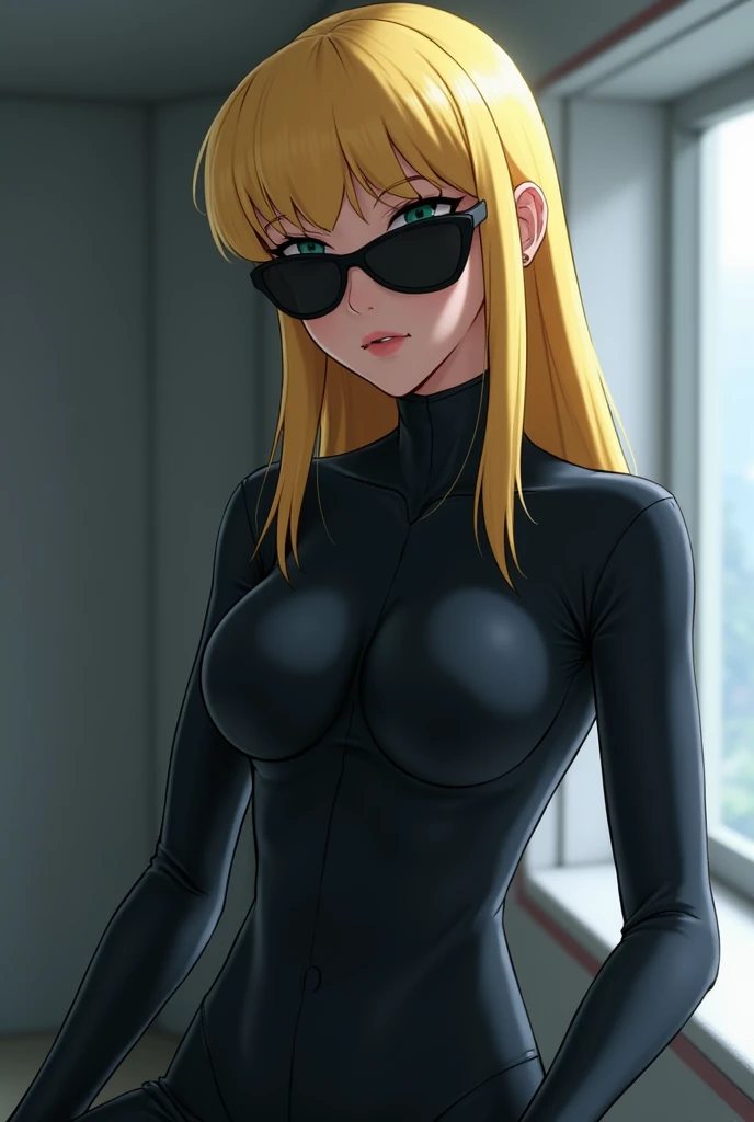 Zero suit samus de super smash bros ultimate qui est assis de près avec les lunette noir 