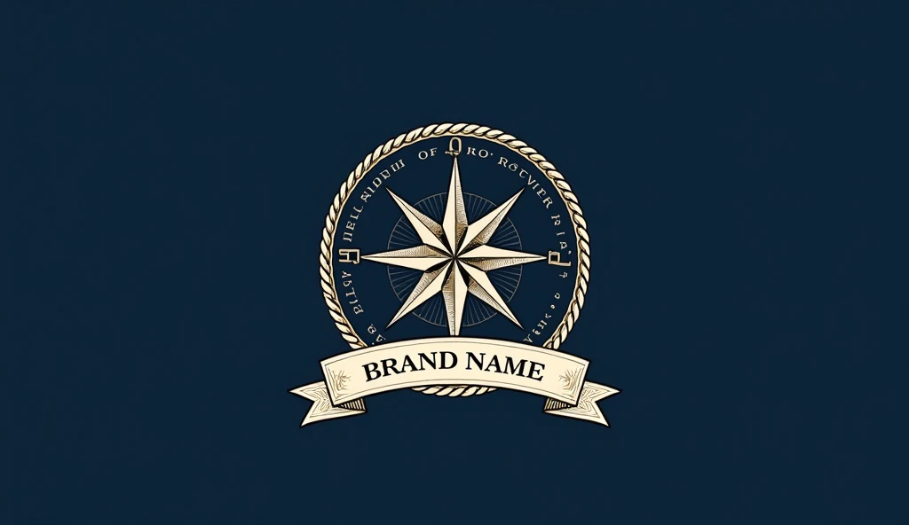 A circular logo featuring a vintage compass rose at the center, with intricate detailing in the cardinal directions. Surround the compass with a subtle rope border and a wave pattern. Use a bold serif font for the brand name at the top of the circle and a ...