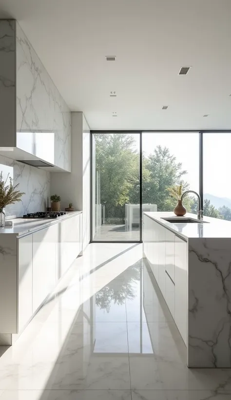 A bright, contemporary kitchen featuring pure white marble with delicate gray veining for countertops, backsplash, and a waterfall island. The cabinetry is lacquered in a high-gloss finish, reflecting the natural light streaming in through large floor-to-c...