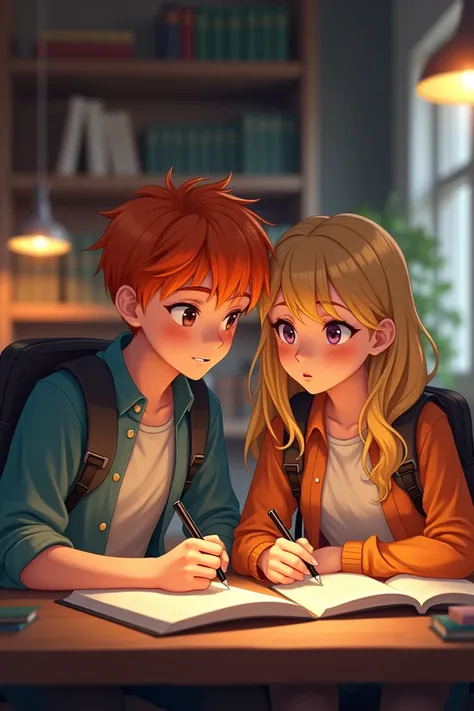 A boy with orange hair and a girl with blonde hair studying at university