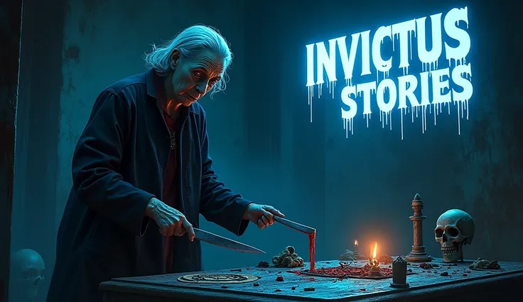 thumbnail : " INVICTUSSTORIES "  KAROLCHDOM  ( in smaller ,  Chilling Letters ,  Just below the main title ,   with a subtle glow that contrasts with the dark  ).  Neon Terror Sign Positioning :  INVICTUSSTORIES  in neón blue at the top right corner,  and ...