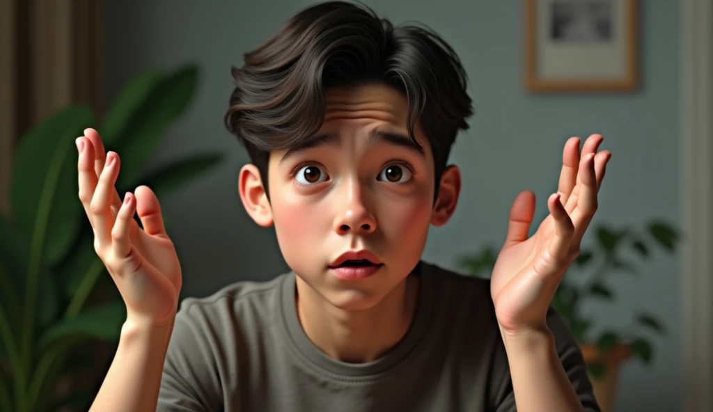 A  young man is sitting and confused, with both of his hands raised. in high quality images
