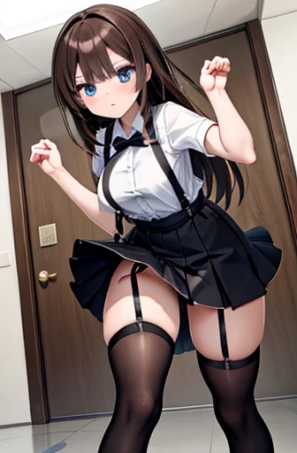  brown hair、 viewer　　 suspenders　　　  at the side of the belt 　　 　 　　　　 black miniskirt　 garter belt　knee-high socks　　　　　　sight　　　 small face　bangs 　　　　　Beauty　　 raise your hands 　　 　sight 　 Black Boots  　Taunt　　Armpit sweat　1 person 　　 Put your hands behin...