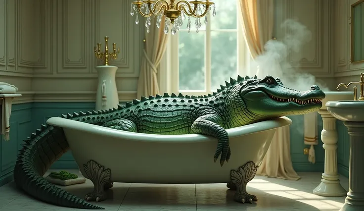 A  crocodile bathing in bathroom, showimg in dream, a crocodile.