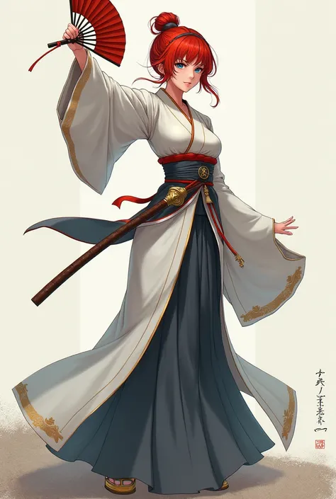 Red-haired low-bun blue-eyed girl in a kimono with a fan in her hand in front of her face, full-length in a combat pose