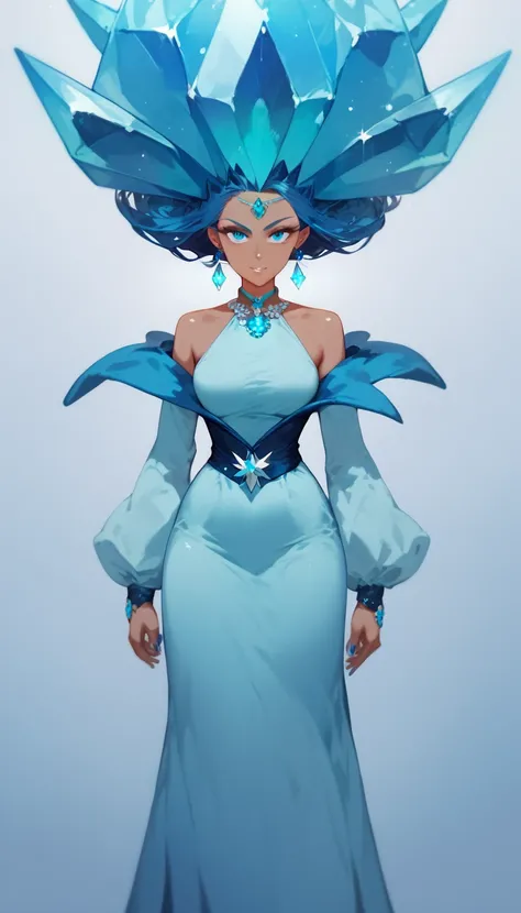 A woman with cyan dress and cosmic blue hair, floating gracefully. Extreme and complex designs on her dress, jewellery on her head and ears. Her lower waist is surrounded by spiky blue crystals. Plain background, dark background 