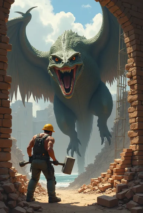 Create the image of a giant sarue attacking a bricklayer who tries to remove her from the nest