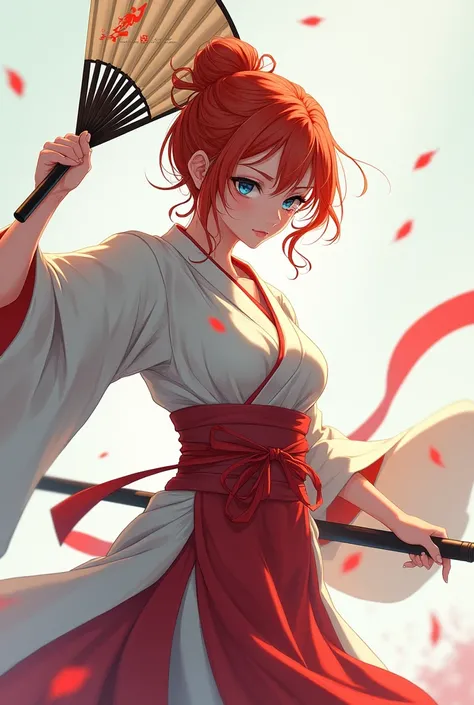 Red-haired low-bun blue-eyed girl in a kimono with a fan in her hand in front of her face, full-length in a combat pose