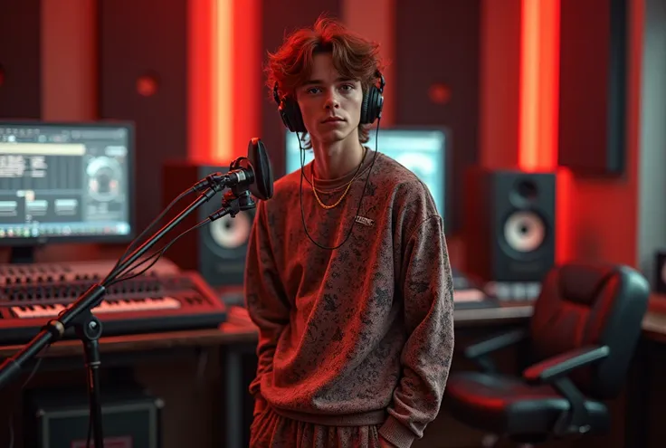 20-years-old handsome French male with piercing hazel eyes and perfectly styled chestnut-brown hair, he wears stylish streetwear (top and pants with complex patterns), hes a popstar standing in a luxurious  and high-tech music studio with headphones on and...