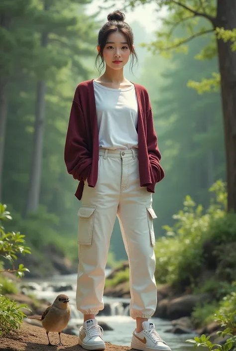  A beautiful Korean girl wearing a white t-shirt  ,, maroon cardigan  ,, white cargo pants  ,,  hair in an upward bun  ,,  standing in a pine forest there is a singga next to wearing jordan shoes 