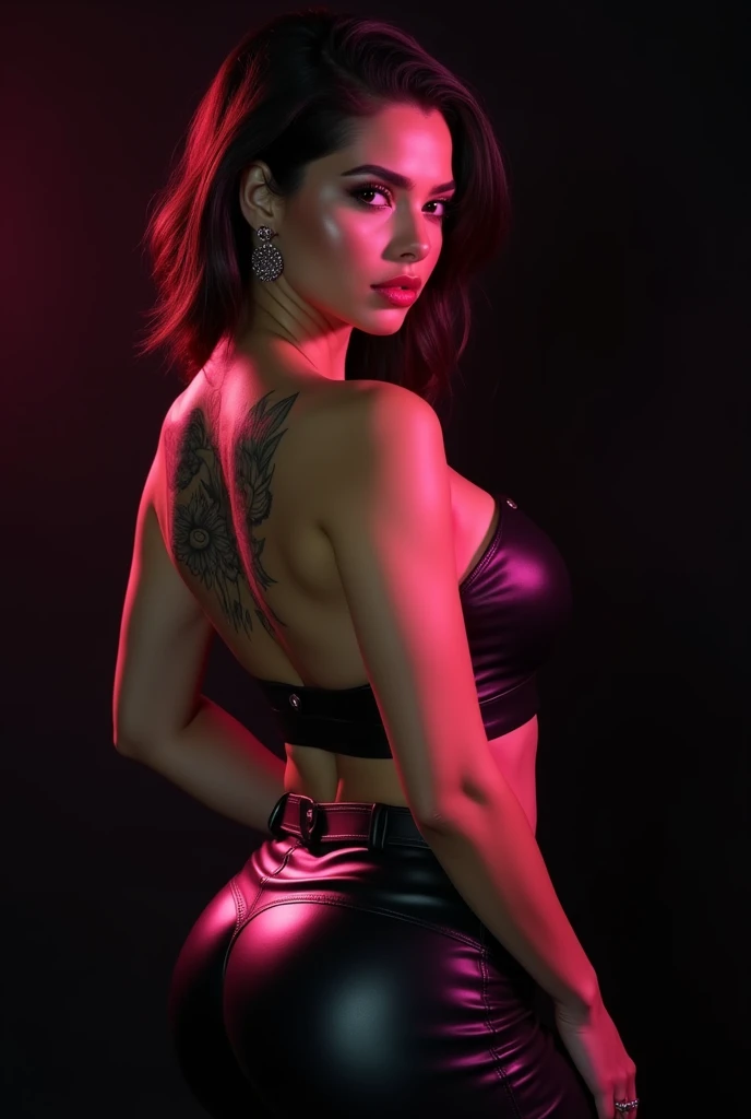 A beautiful Latina girl with pouty lips, wearing a tight leather mini skirt and crop top, has a large back tattoo, wide round hips, on a solid black background with pink lighting, detailed face, ultra-detailed, (best quality,4k,8k,highres,masterpiece:1.2),...