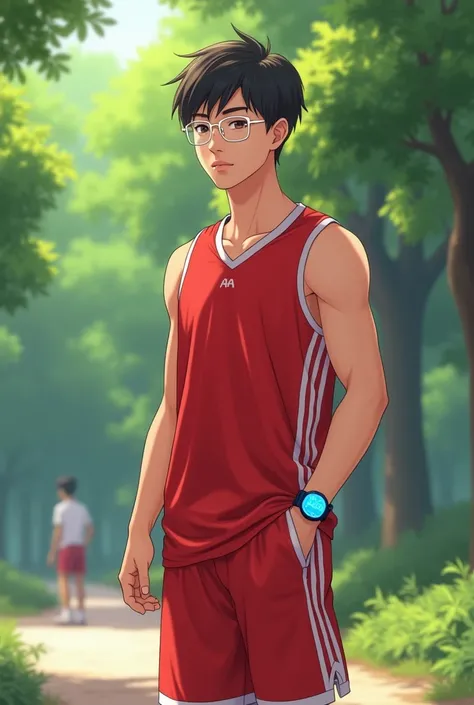  Anime images,  Full Body Image ,  In the park, Shab1person ,The  handsome,  smooth body ,, muscular men, 17-year-old Chinese boy, short hair , Men wearing white framed glasses, , men wearing a red basketball sports shirt with white stripes, with a hem out...