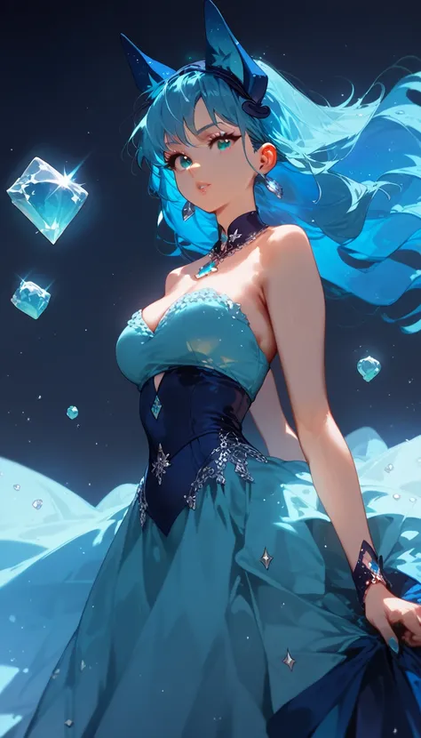 A woman with cyan dress and cosmic blue hair, floating gracefully. Extreme and complex designs on her dress, jewellery on her head and ears. Her hair is surrounded by spiky blue crystals. Plain background 