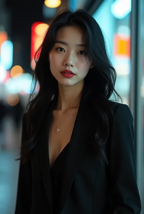  Photo of 20-year-old Korean Beauty ,  Full Body Shot Walking Through the City, Full Body Shot While Walking , Beautiful women are, ( Layered Hairstyles　 long hair　 wavy black hair ), ((People Shooting)), ((Business Attire　 Female Teacher　Female Boss　 slen...