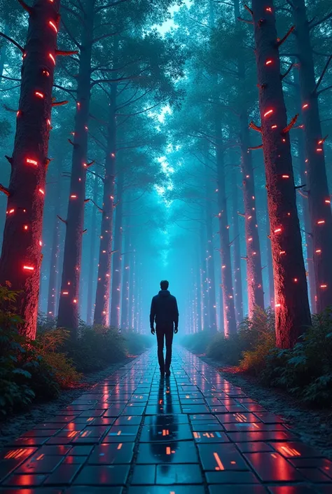 A surreal forest where trees have digital matrix-like patterns on their bark, glowing with shifting neon codes. The canopy is woven with strands of light, and the ground is a mosaic of reflective glass tiles, creating an otherworldly atmosphere.and ai walk...