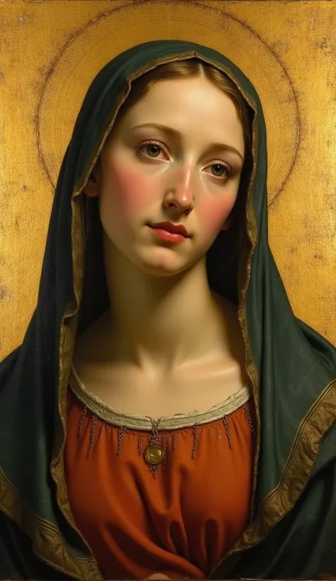 Religious painting by Raffaello Santi。 beautiful Virgin Mary in a frame。 looking at the camera。 Im dyeing my cheeks。 with their neck slanted 。plain gold background 。