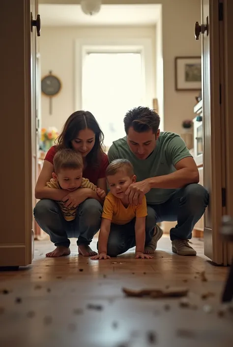 a family doing "Drop, Cover, and Hold On" position during Earthquake 