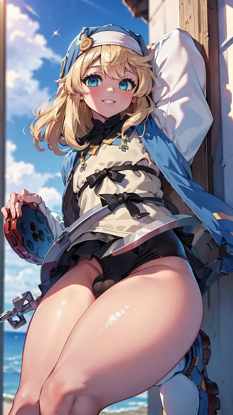 ( best quality , 8k, 32K, masterpiece,  super high resolution:1.2),  Guilty Gear, Bridget, Blonde,  long hair,  Tiny Bodies, fun,  cute smile, Yo-yo,  Blue Sister Clothes ,  flat chested, Daughter of a man, panties small phimosis penis,  big butt,  stick o...