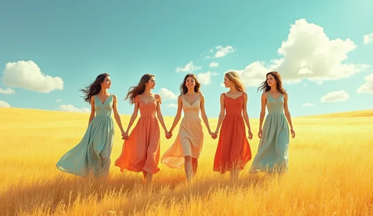 4 girls in full-length retro dresses are walking on the yellow field