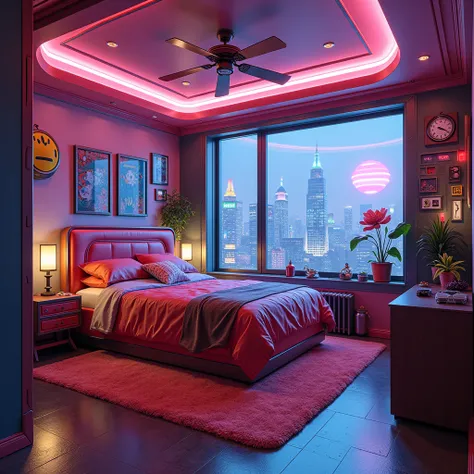 A cyberpunk image, cyberpunk cool bed room, cyberpunk house, neon light effect, big window to see the cyberpunk city, this bed theme as a mario video game, mario world bed room