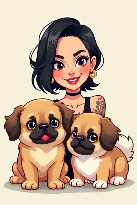 A cartoon lady with dark brown eyes, black straight bob hair and her left arm tattooed, with her 2 Pekingese dogs, one is light brown with a ball in his mouth and the other one is light brown with white