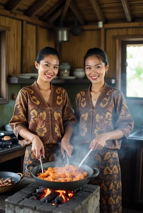 photograph (masterpiece, best quality), two beauty thailand woman wearing traditional javanesse kebaya clothing ,with woven kemben and long woven jarik batik,look is cooking fries fish wearing wajan with wood stove fire,in traditional kitchen with bamboes ...