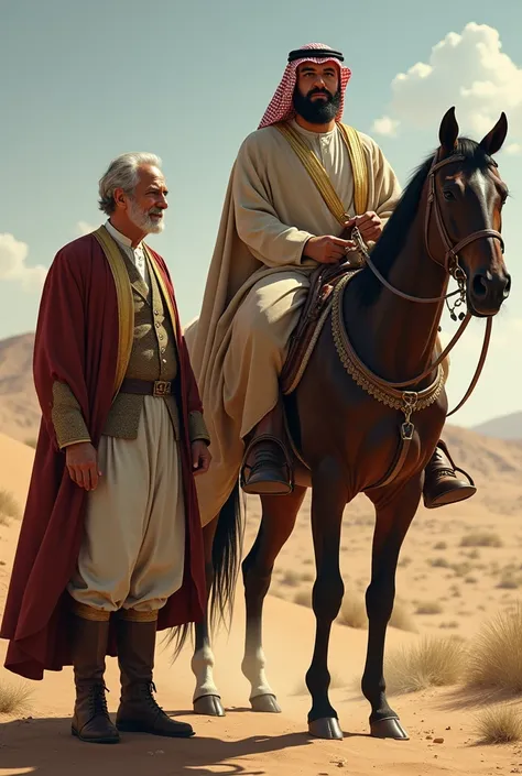 time setting : old a british man standing beside an arab man on a horse , the british man is facing the right