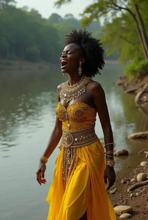 Very pretty black retinted African woman wearing yellow full of jewels and screaming for desperate help on the riverbank