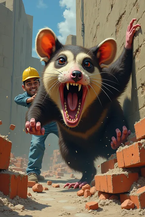 Create the image of a possum attacking a bricklayer who tries to remove it from the nest