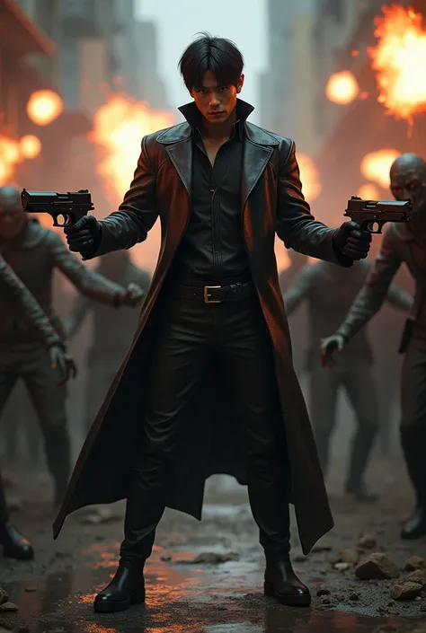 resident evil,an asian guy wears a long shiny black suit, under shiny black trousers ,wearing black buts ,standing position while holding 2 pistols that let out bursts of fire, looks real ,cinematik,Background A group of Zombies .