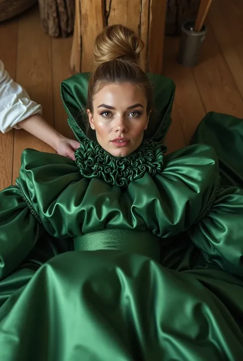 (realistic photograph sideways close up, seen from below), (an accommodating beautiful Caucasian lady with (messy hair bun) and wearing (big shiny green glamorous silk dress with (long gigantic puff sleeves), (and with an ultra high tight stand-up collar u...