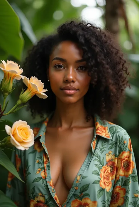  A Brazilian woman in a lush tropical garden,  wearing an open shirt with floral print ,  with a close up capturing the harmonious beauty between her breasts and natural flowers,  showing your natural charm and outgoing personality.