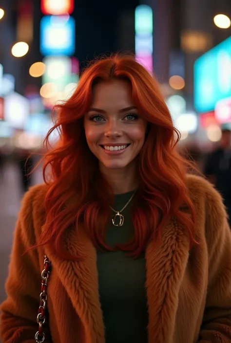 Redheaded Latina with green eyes ,  On New York Avenue wearing a long fur jacket walking towards the photographer smiling full body photo at night