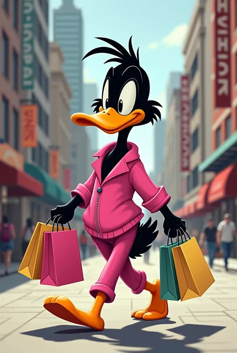 Non-realistic cartoon of black Daffy Duck dressed in pink ,  with shopping bags ,  walking around the city with a smiling but pretentious and selfless gesture around him.  That doesnt look feminine ,  but not masculine , something neutral .
