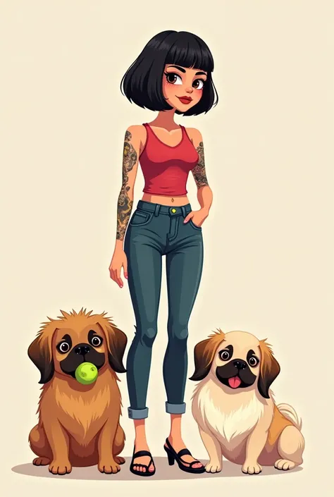 A cartoon lady with dark brown eyes, black straight bob hair and her left arm tattooed, with her 2 Pekingese dogs, one is light brown with a ball in his mouth and the other one is light brown with white